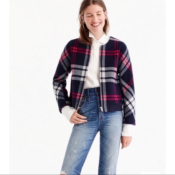 J. Crew Plaid Wool Bomber Navy - Picture 1 of 8